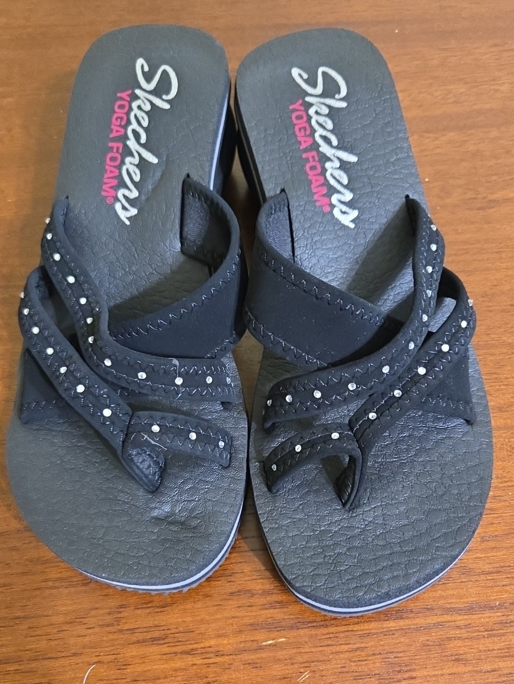 Skechers Black Slip-On Yoga Foam Sandals with Crystal Studs